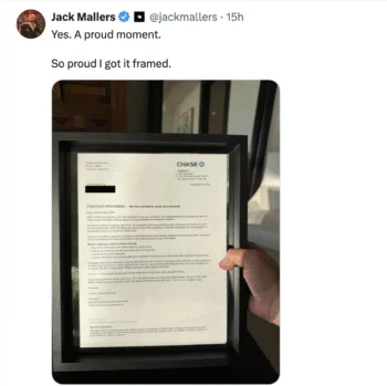 Screenshot post su X di Jack Mallers dove mostra foto della lettera ricevuta da JP Morgan